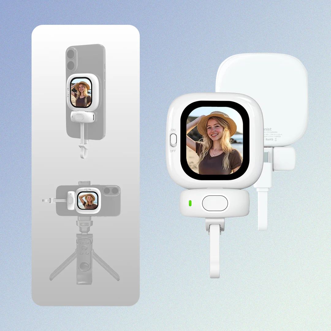 SelfieSight : Mini Vlogging Selfie Display for iPhone – Wired Rear Camera Monitor with Bluetooth Remote